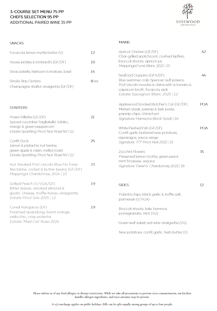 Menu, Sidewood Estate Restaurant