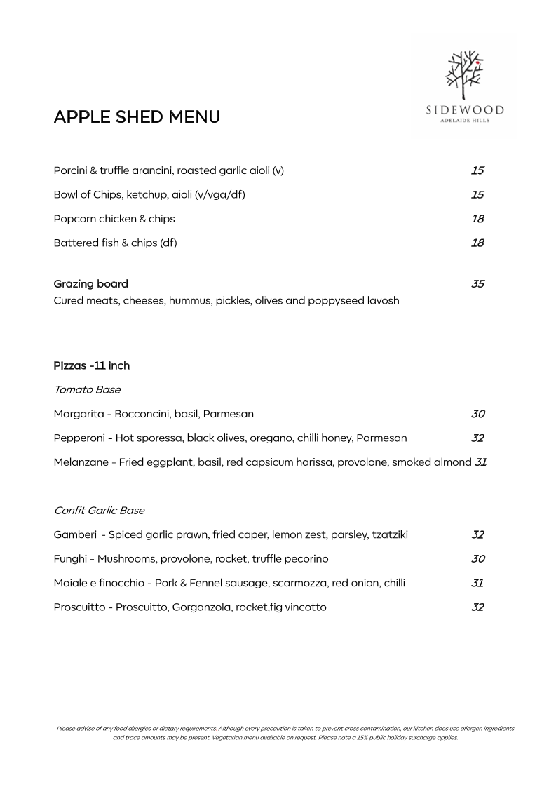 Menu, Sidewood Estate Restaurant