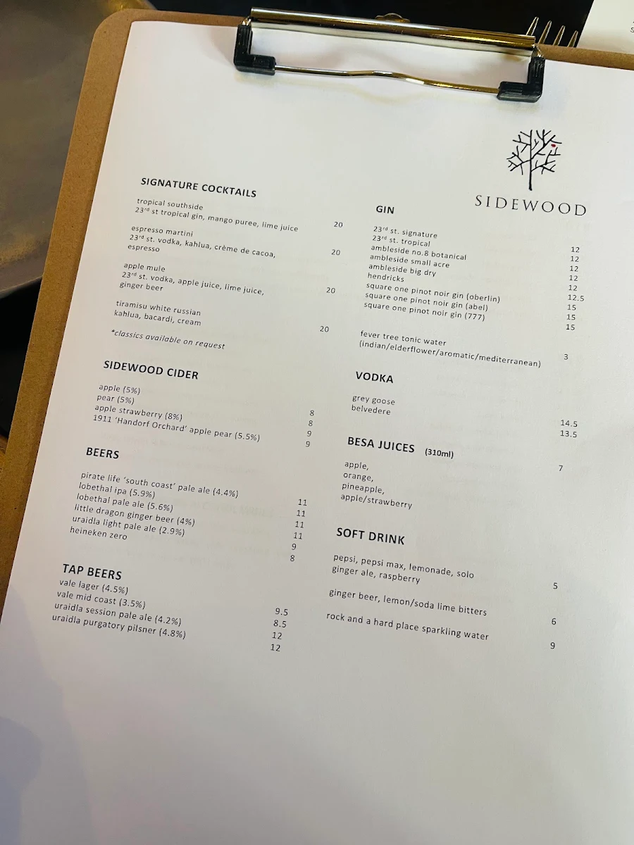 Menu, Sidewood Estate Restaurant