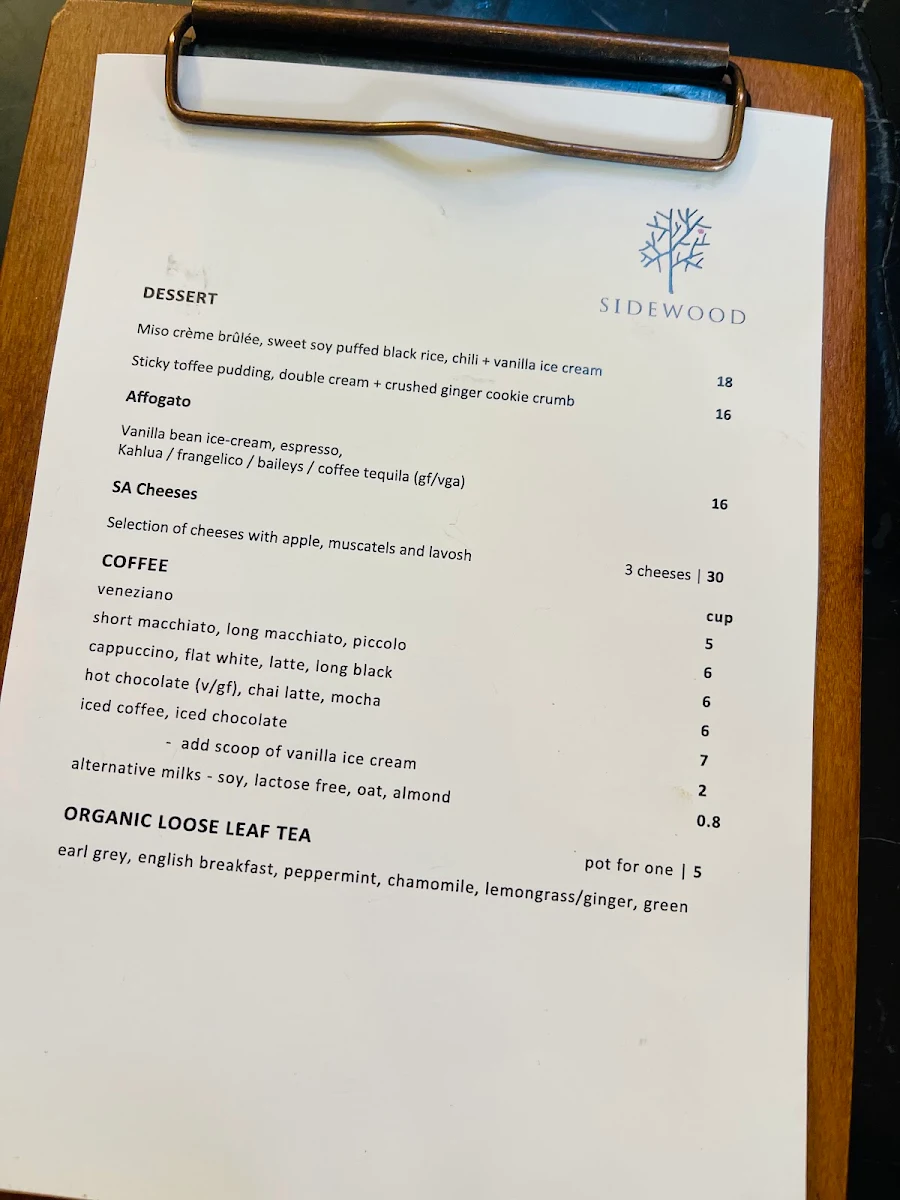 Menu, Sidewood Estate Restaurant
