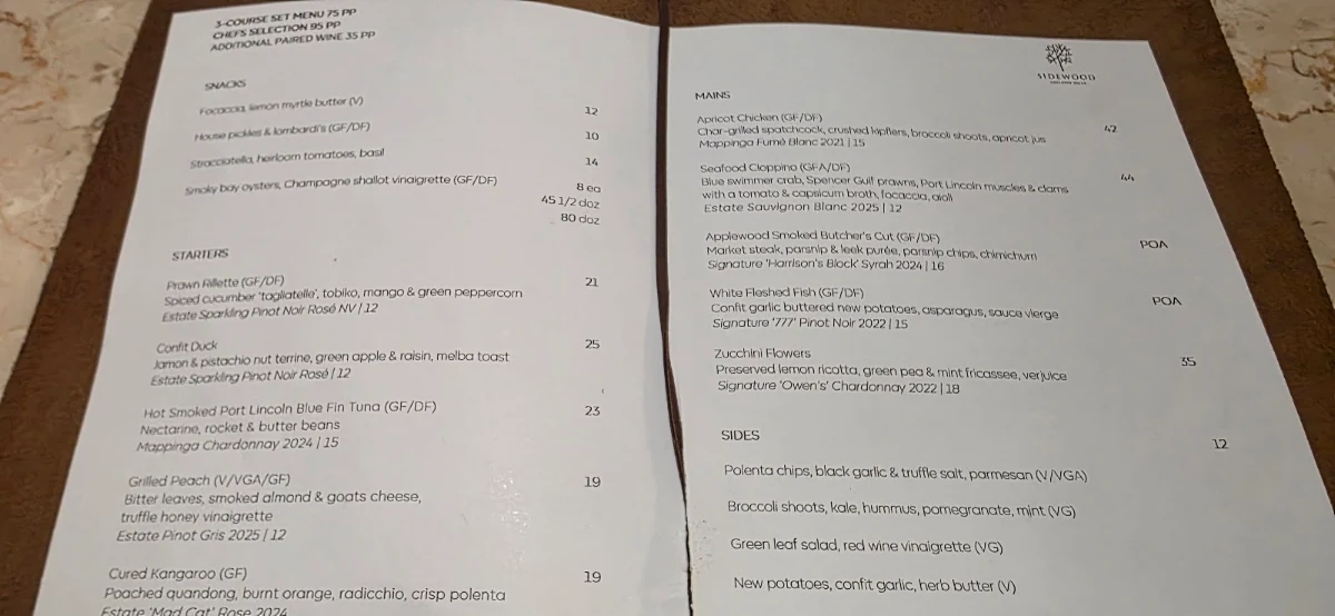 Menu, Sidewood Estate Restaurant