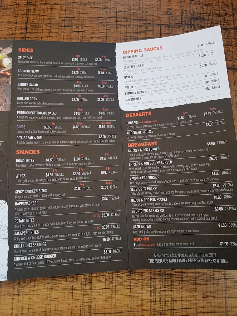 Menu, Oporto Roxburgh Park Drive Thru