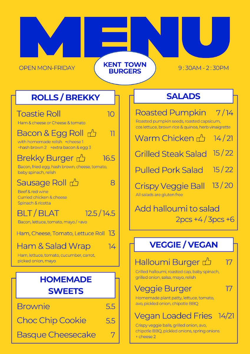 Menu, Kent Town Burgers