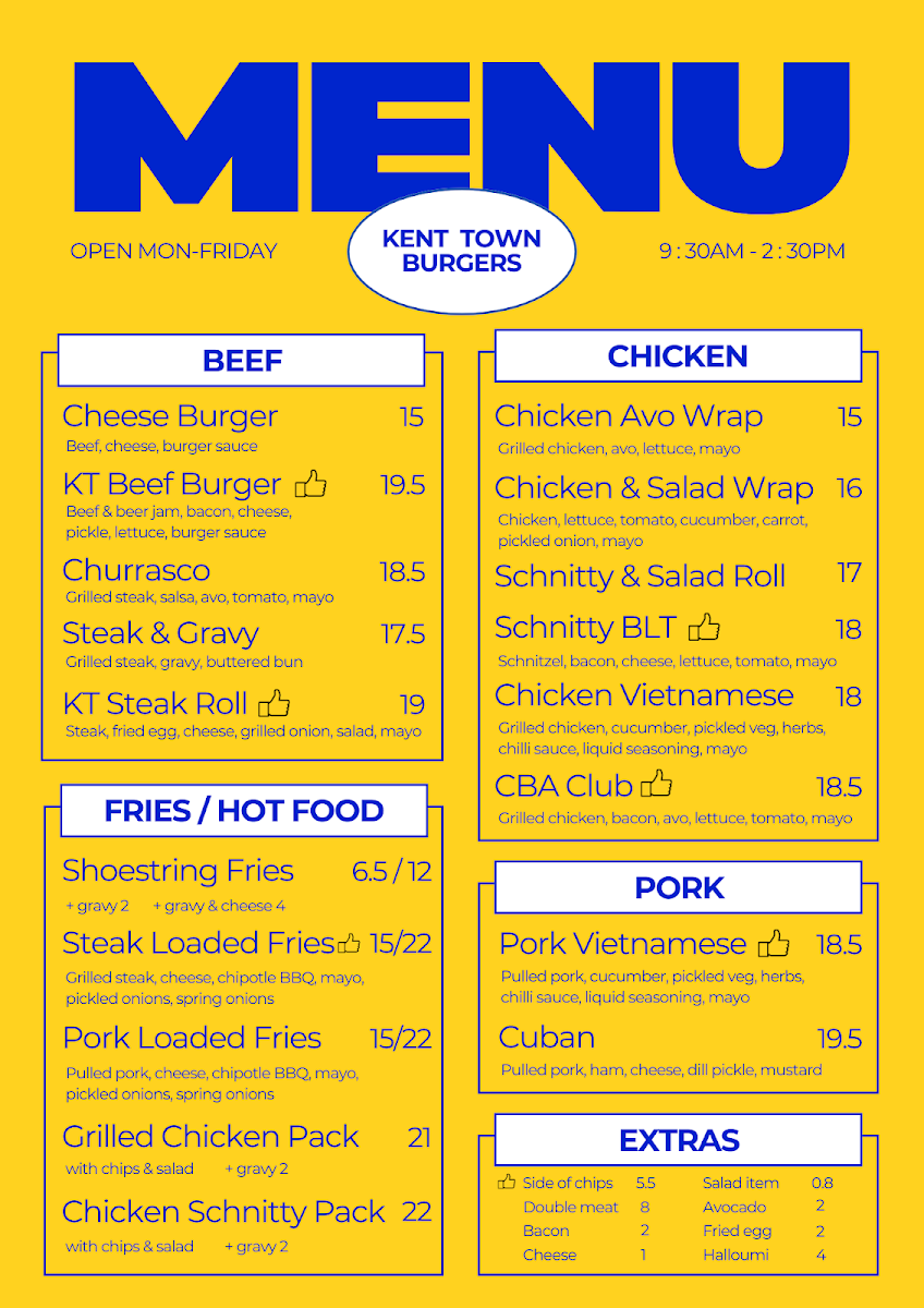 Menu, Kent Town Burgers