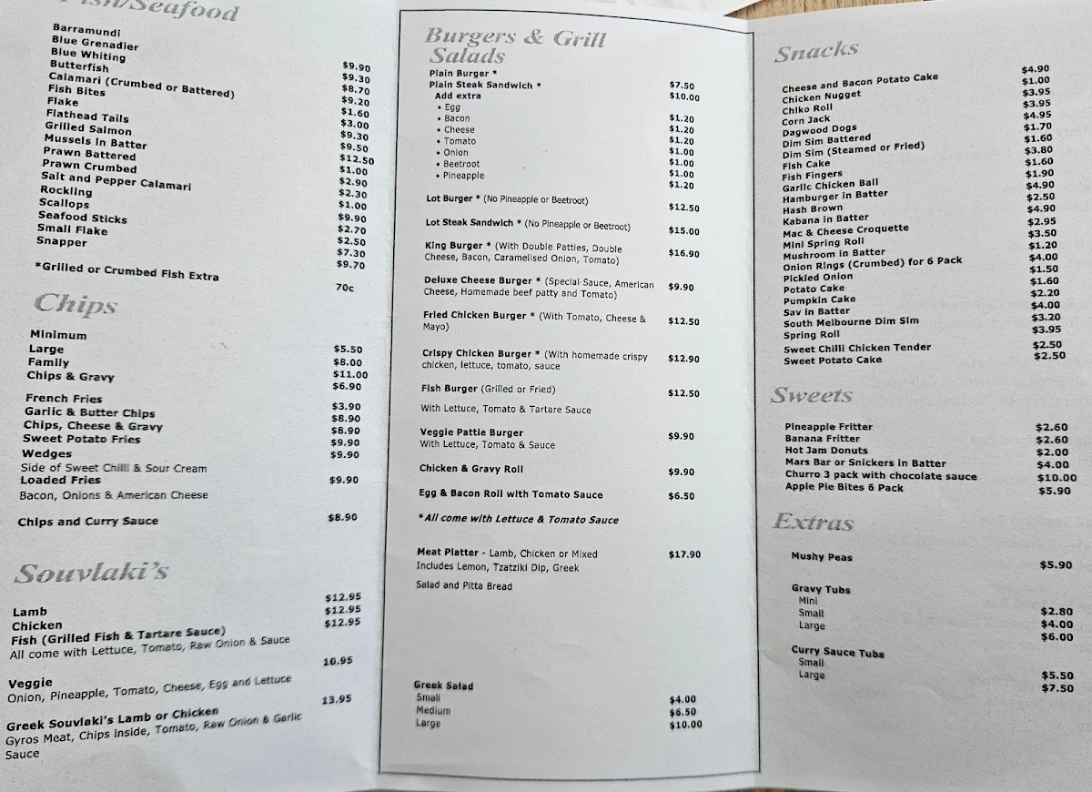 Menu, Tribeca Village Fish & Chips