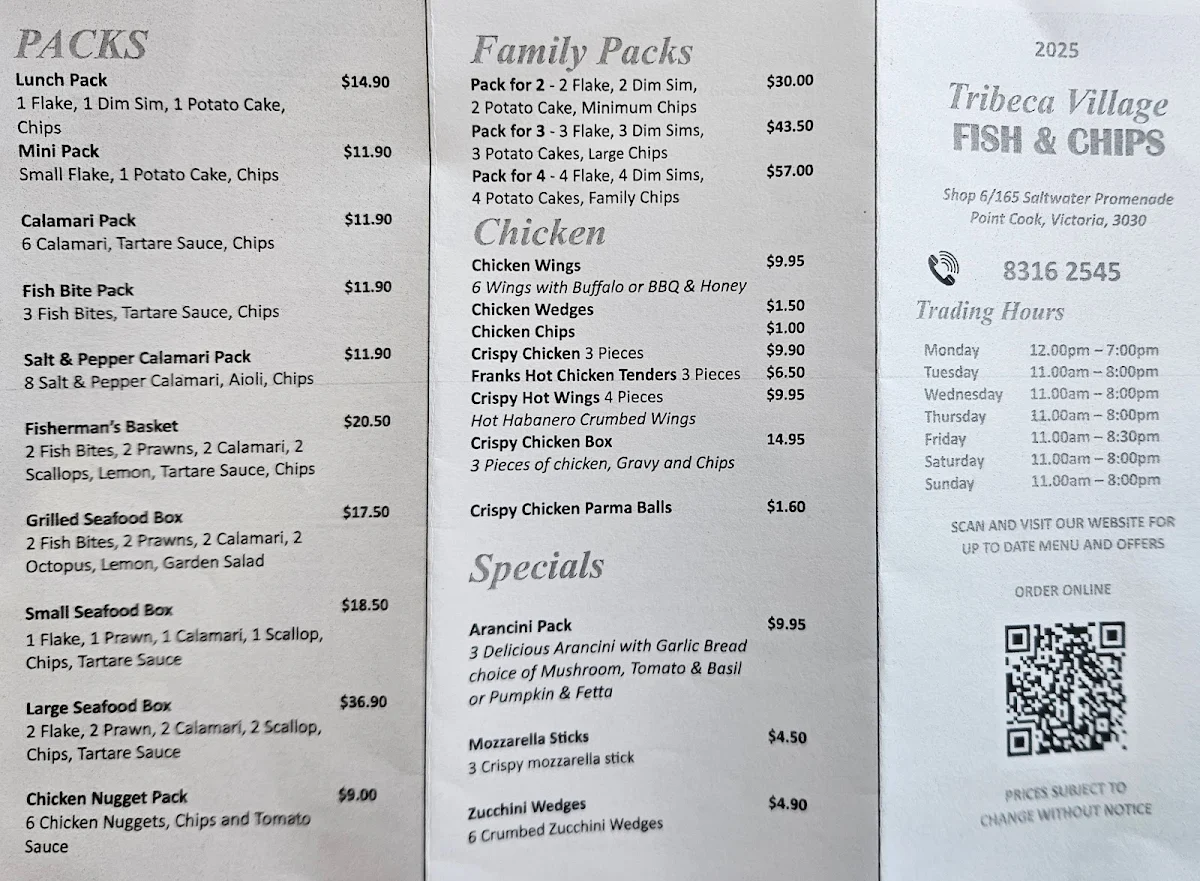 Menu, Tribeca Village Fish & Chips