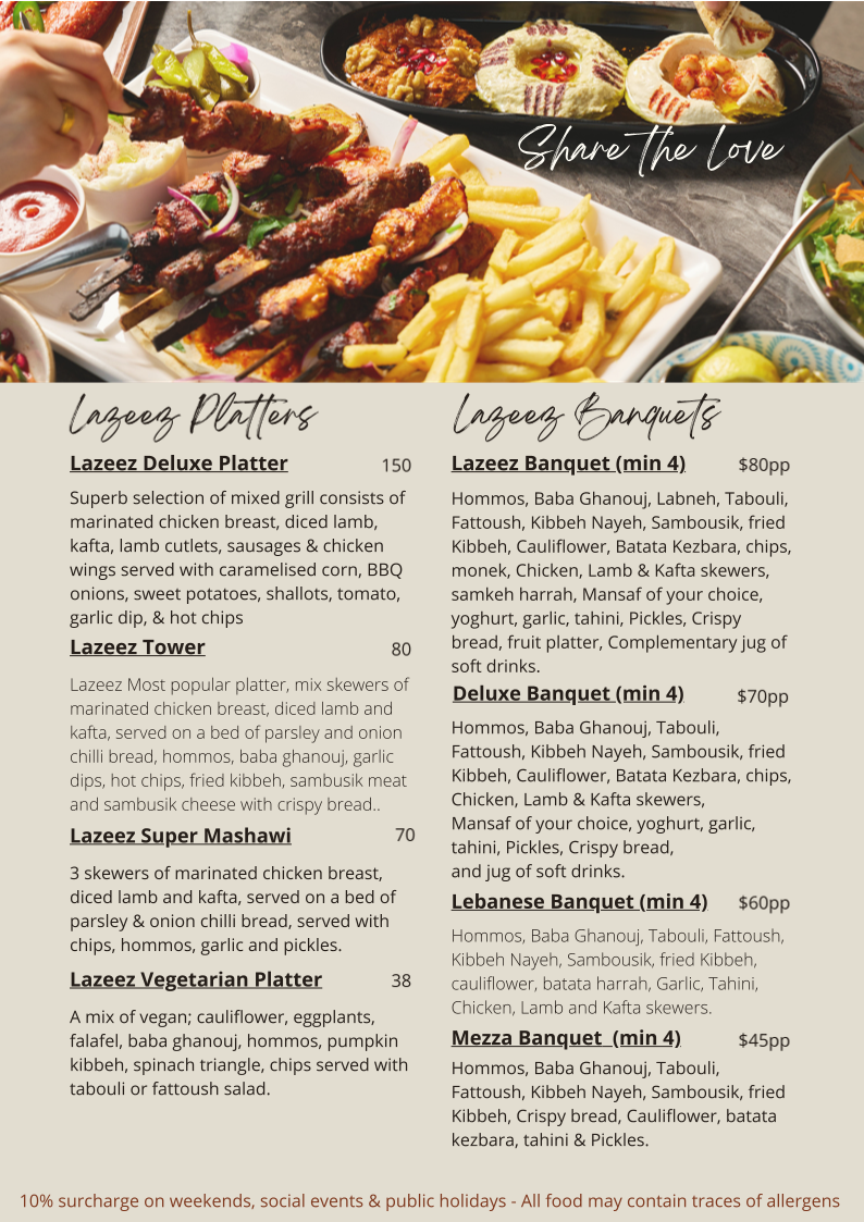 Menu, Lazeez Lebanese Cuisine