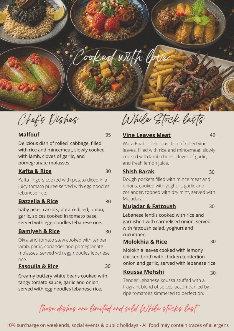 Menu, Lazeez Lebanese Cuisine