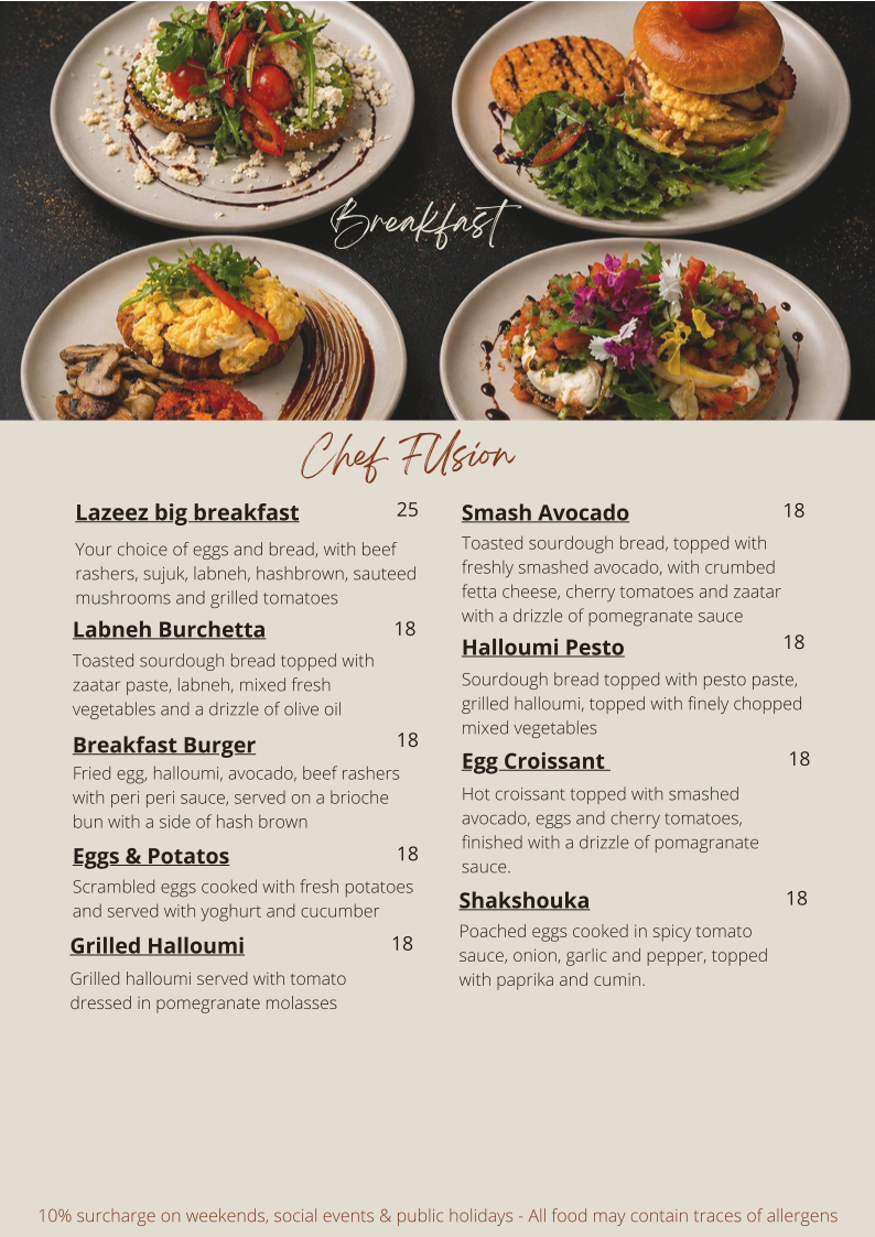 Menu, Lazeez Lebanese Cuisine
