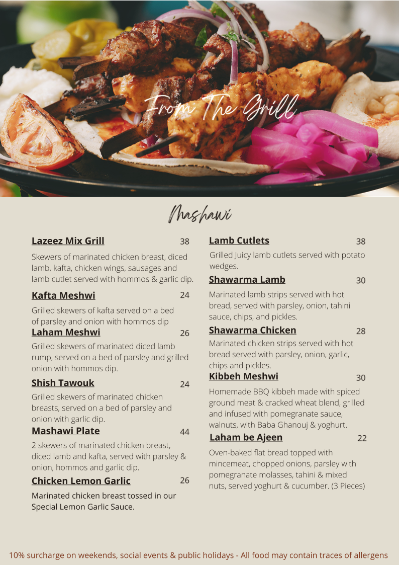 Menu, Lazeez Lebanese Cuisine