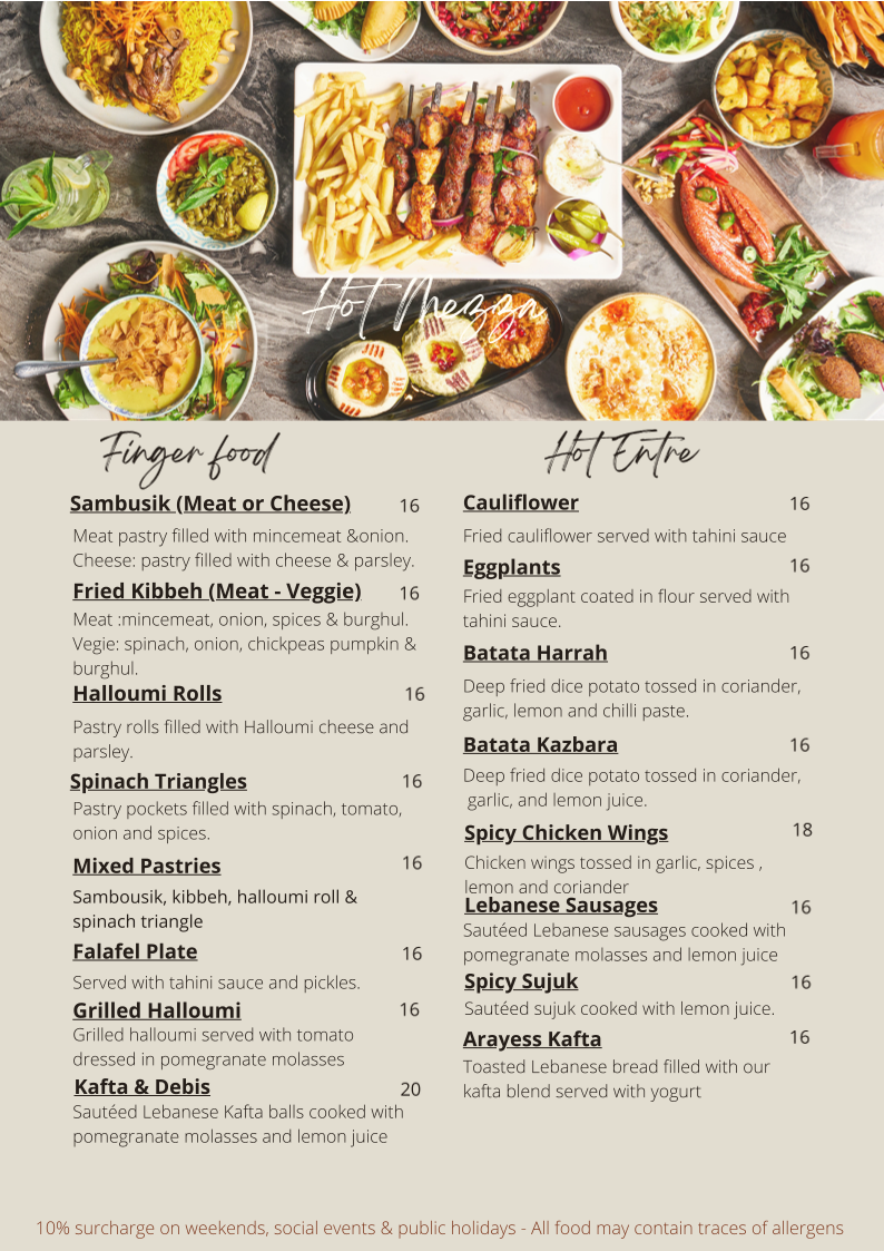 Menu, Lazeez Lebanese Cuisine