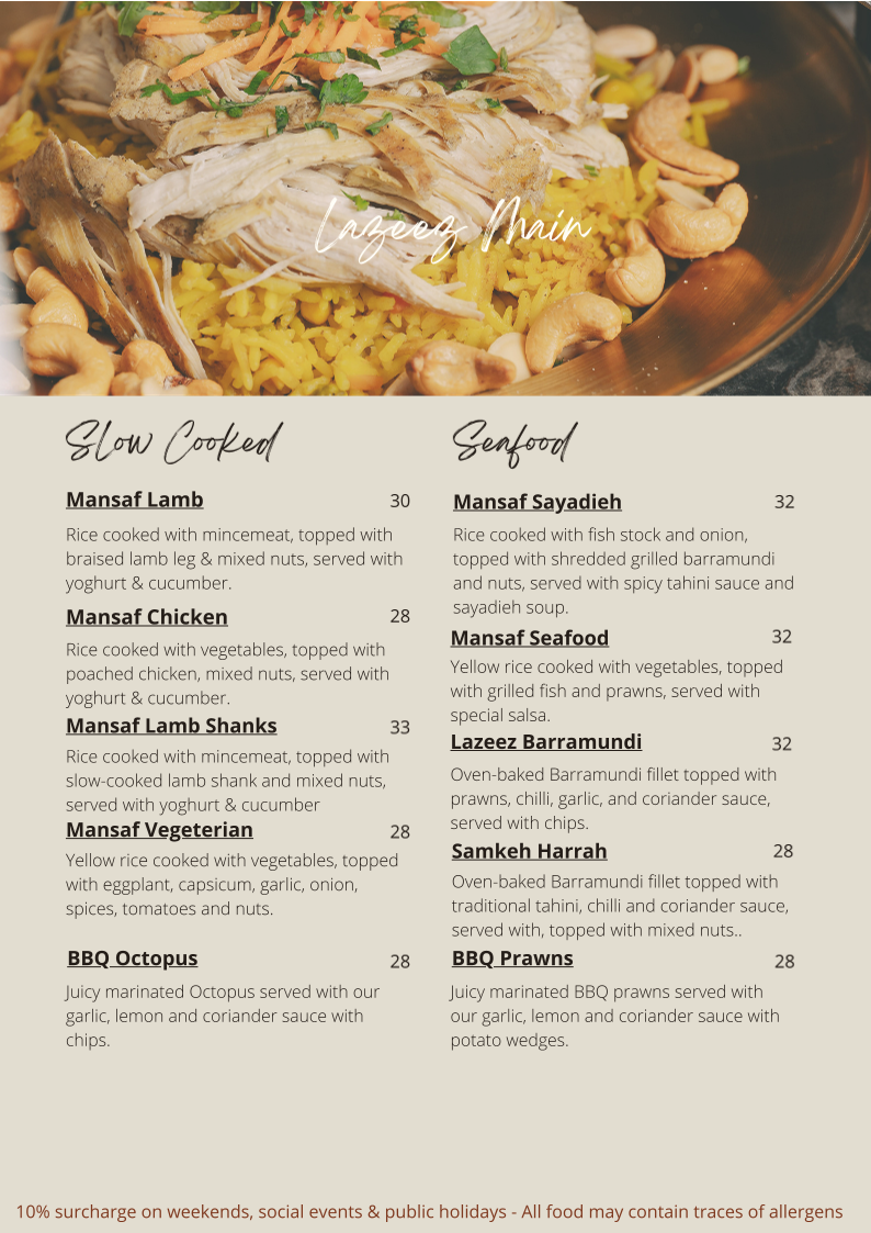 Menu, Lazeez Lebanese Cuisine