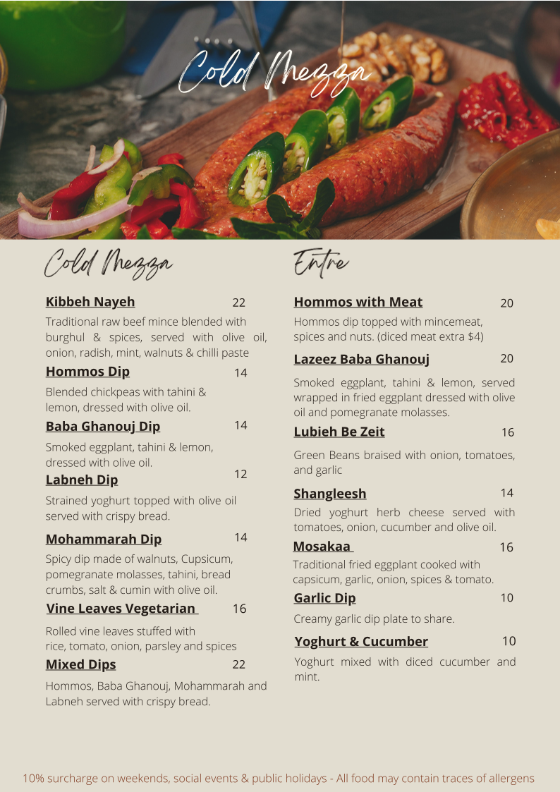 Menu, Lazeez Lebanese Cuisine