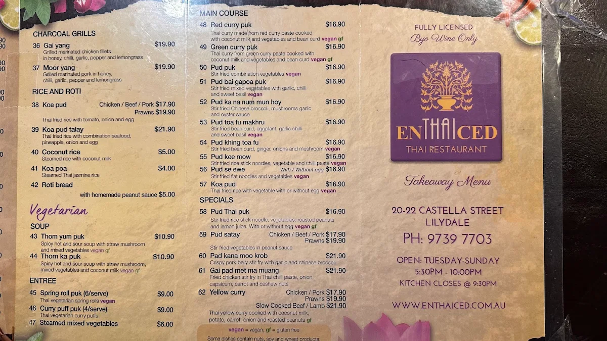 Menu, enTHAIced Thai Restaurant