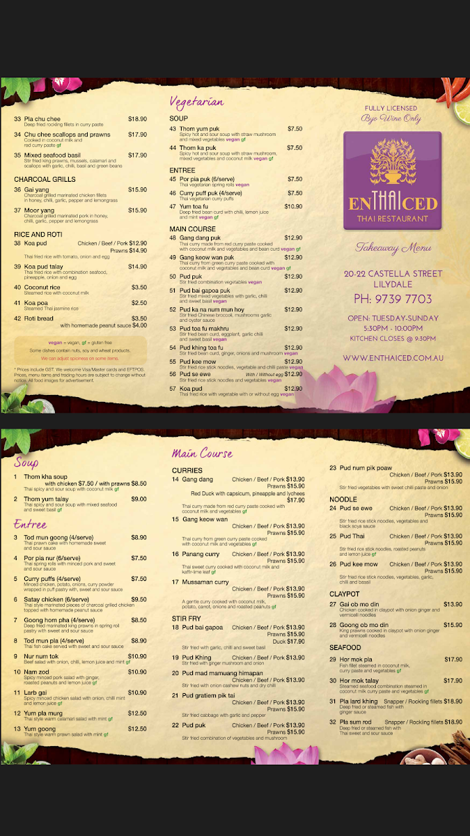 Menu, enTHAIced Thai Restaurant