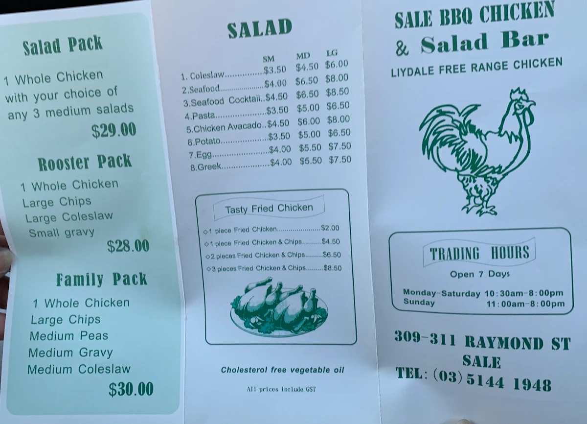 Menu, Sale BBQ Chicken & Salad Bar