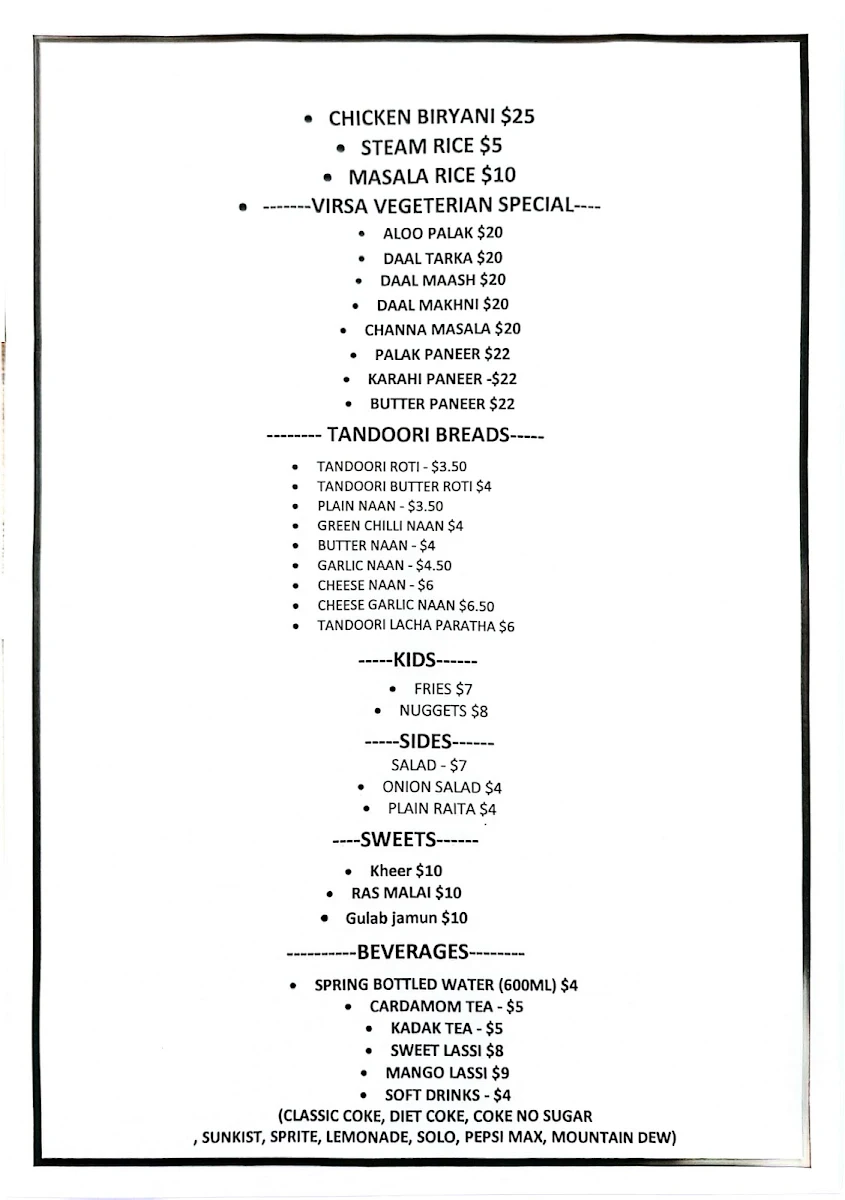 Menu, Virsa Restaurant