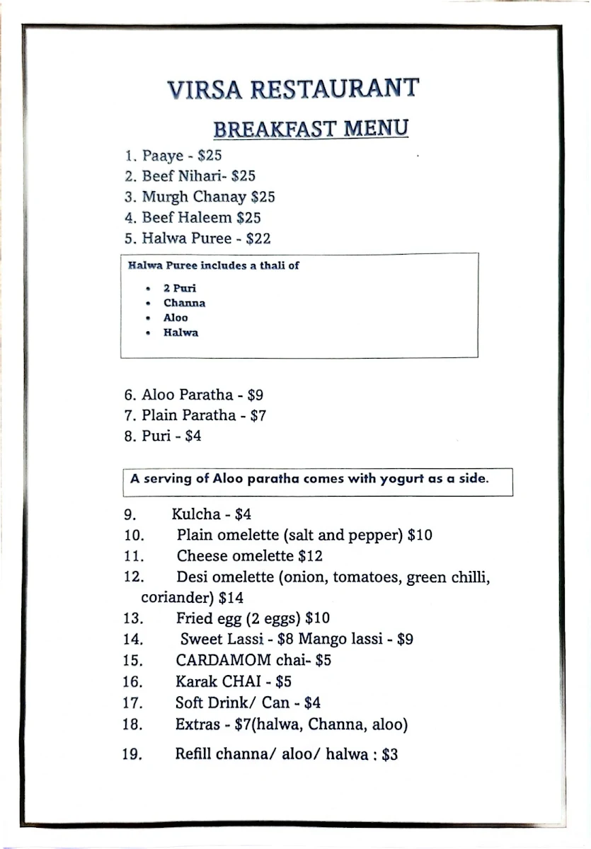 Menu, Virsa Restaurant