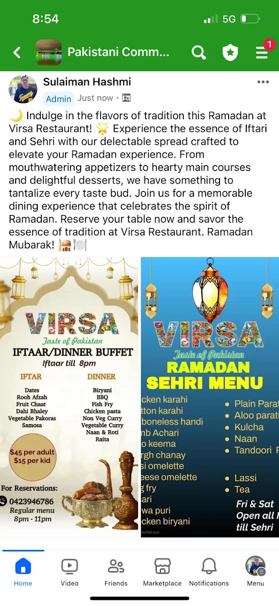 Menu, Virsa Restaurant