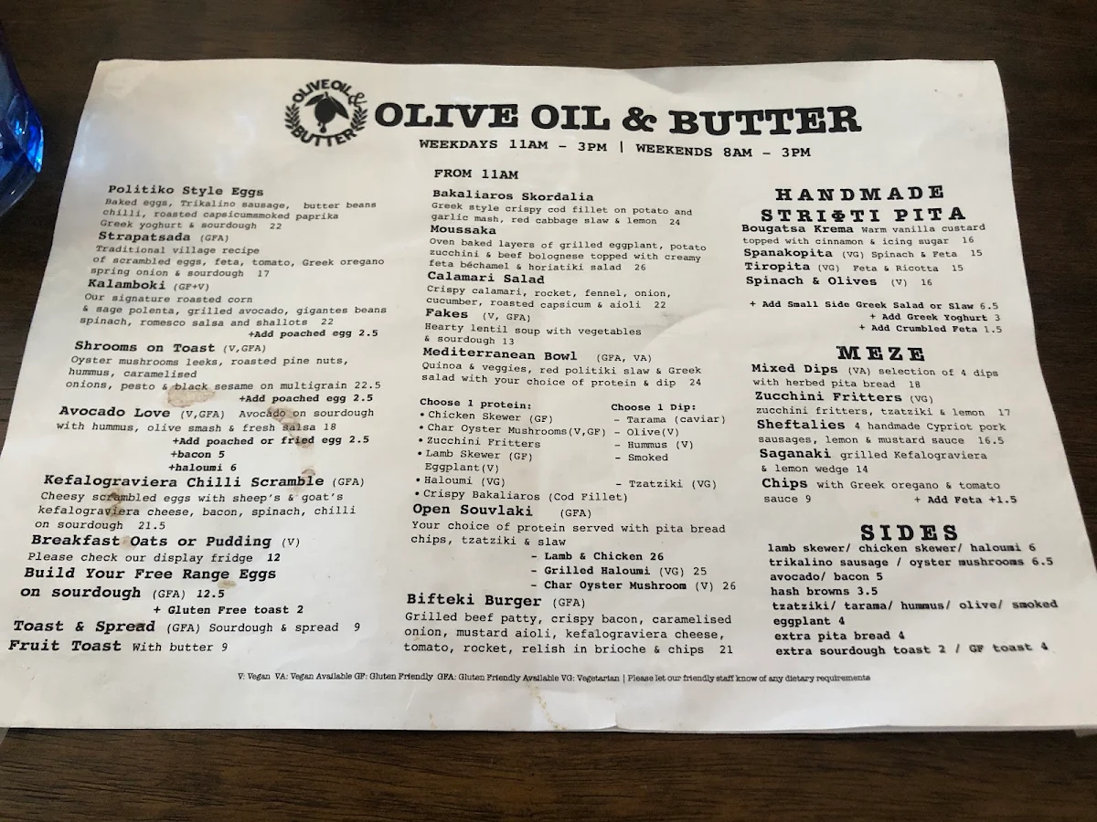 Menu, Olive Oil & Butter