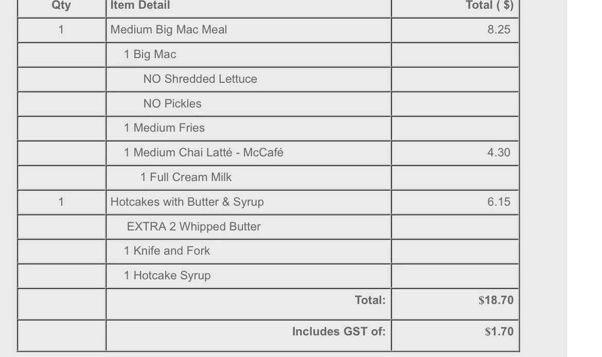 Menu, McDonald's Clyde North