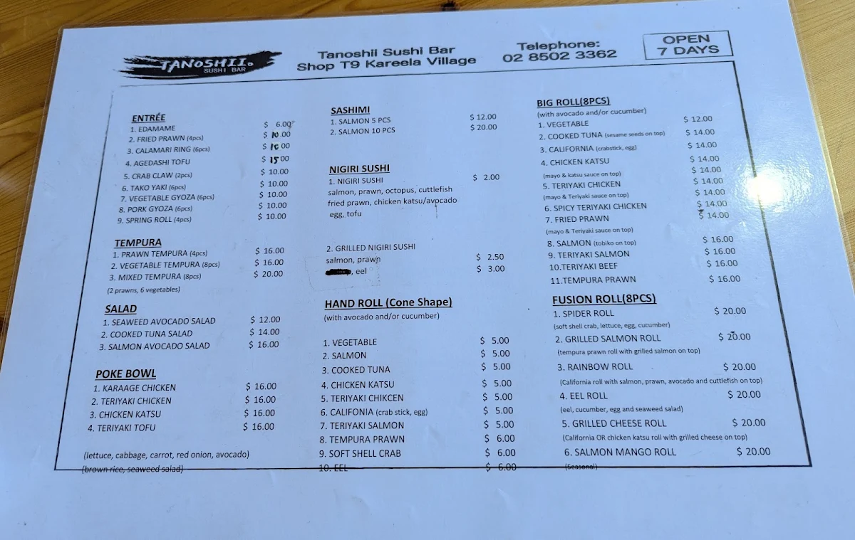 Menu, Kareela Tanoshii sushi Bar
