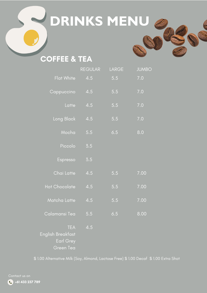 Menu, Sunny Corner Cafe
