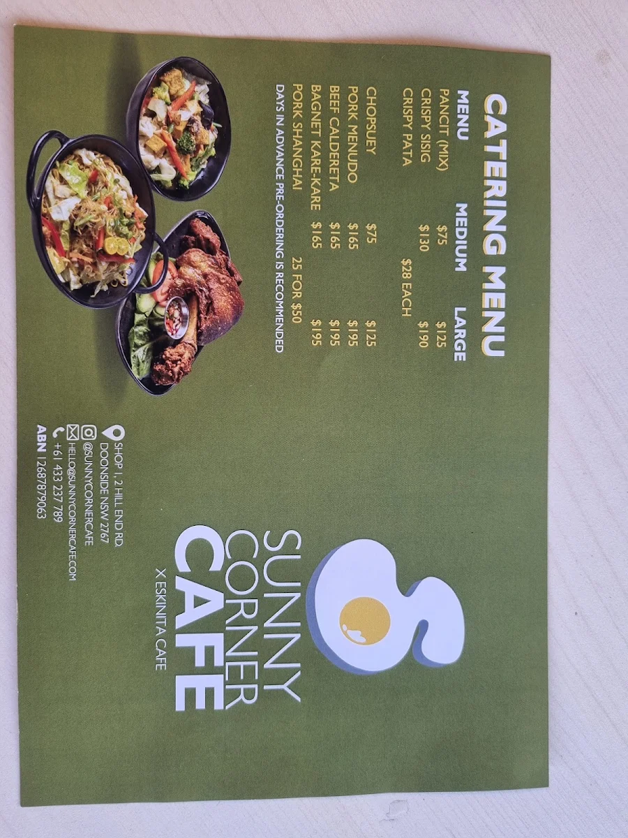 Menu, Sunny Corner Cafe
