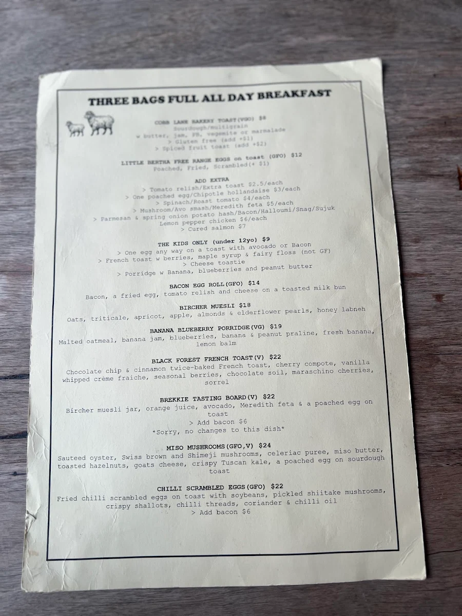 Menu, Three Bags Full
