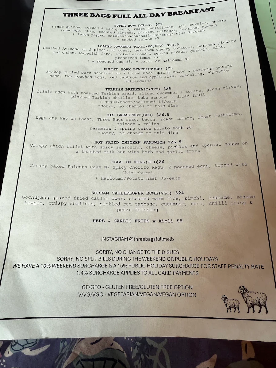 Menu, Three Bags Full