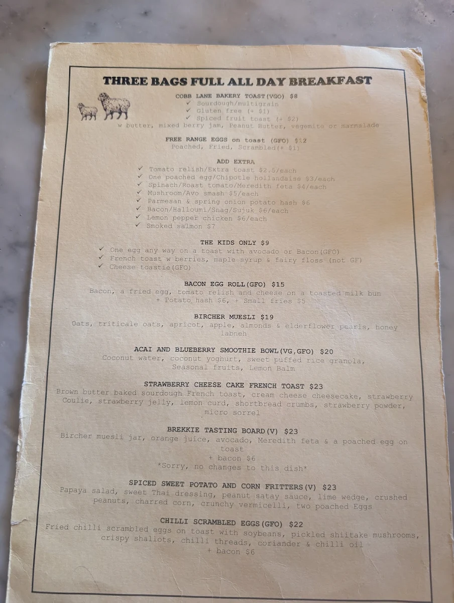 Menu, Three Bags Full