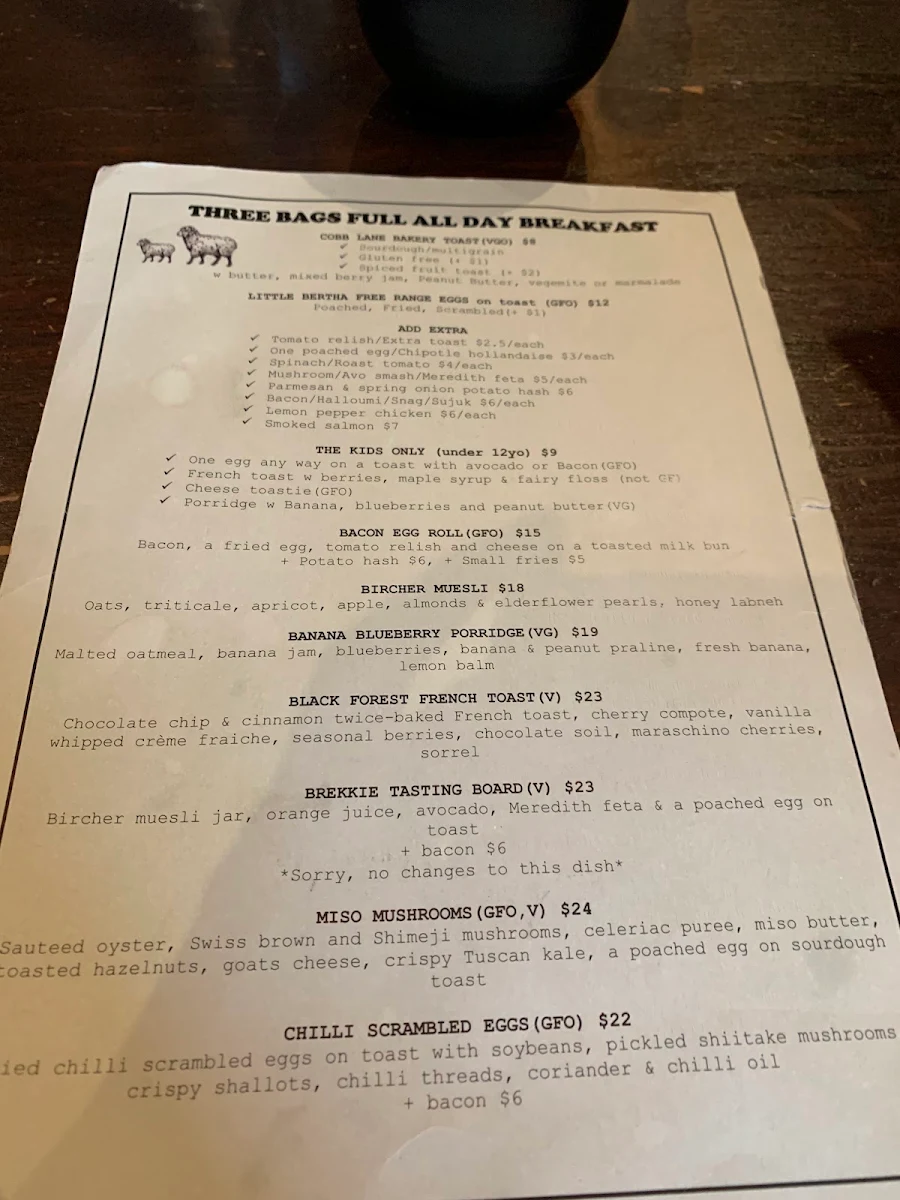 Menu, Three Bags Full