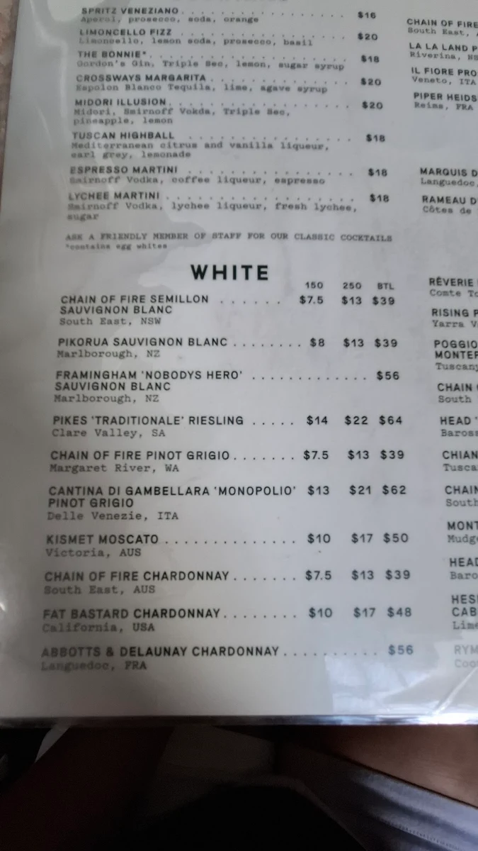 Menu, Crossways Hotel