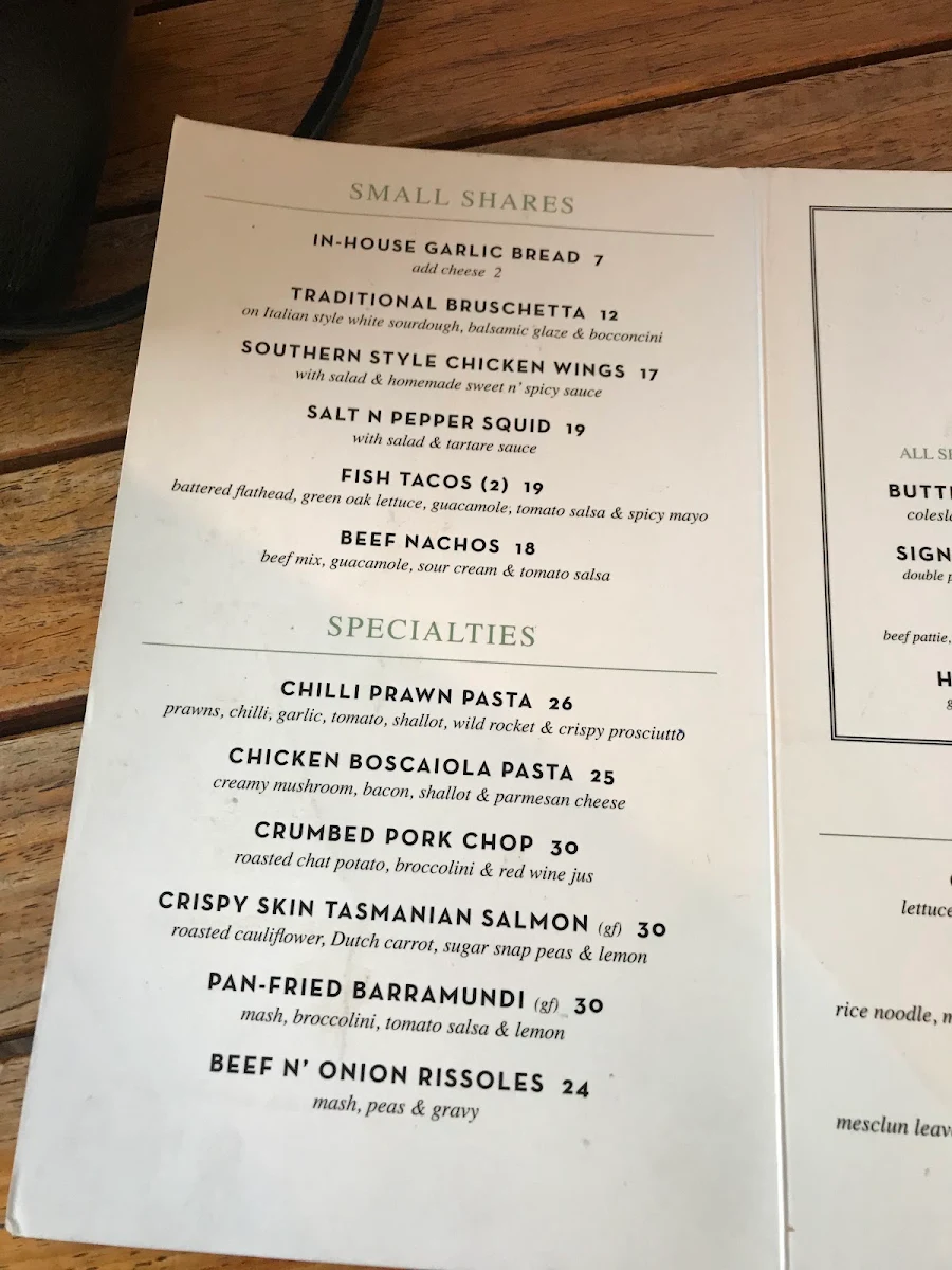 Menu, Crossways Hotel