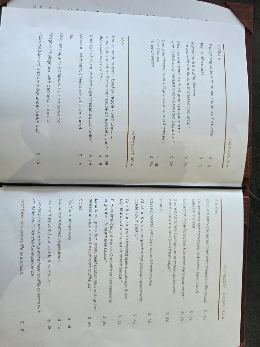 Menu, Truffle Hill