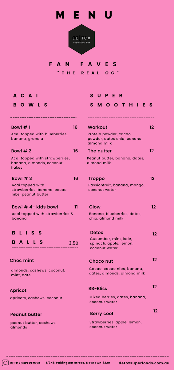 Menu, De Tox Superfood Bar