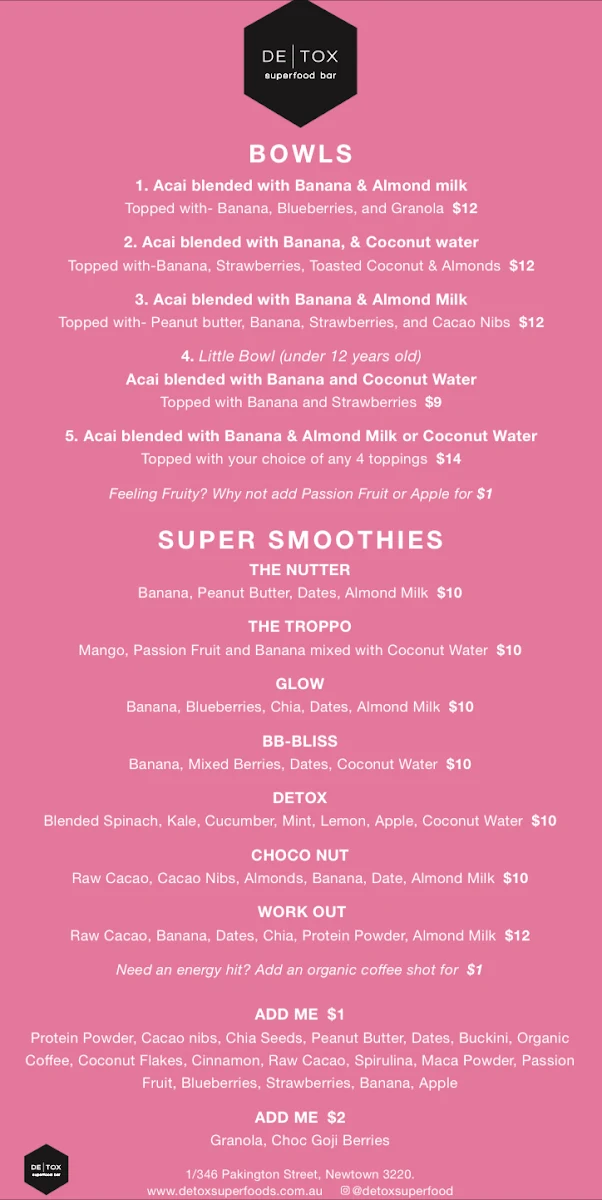 Menu, De Tox Superfood Bar