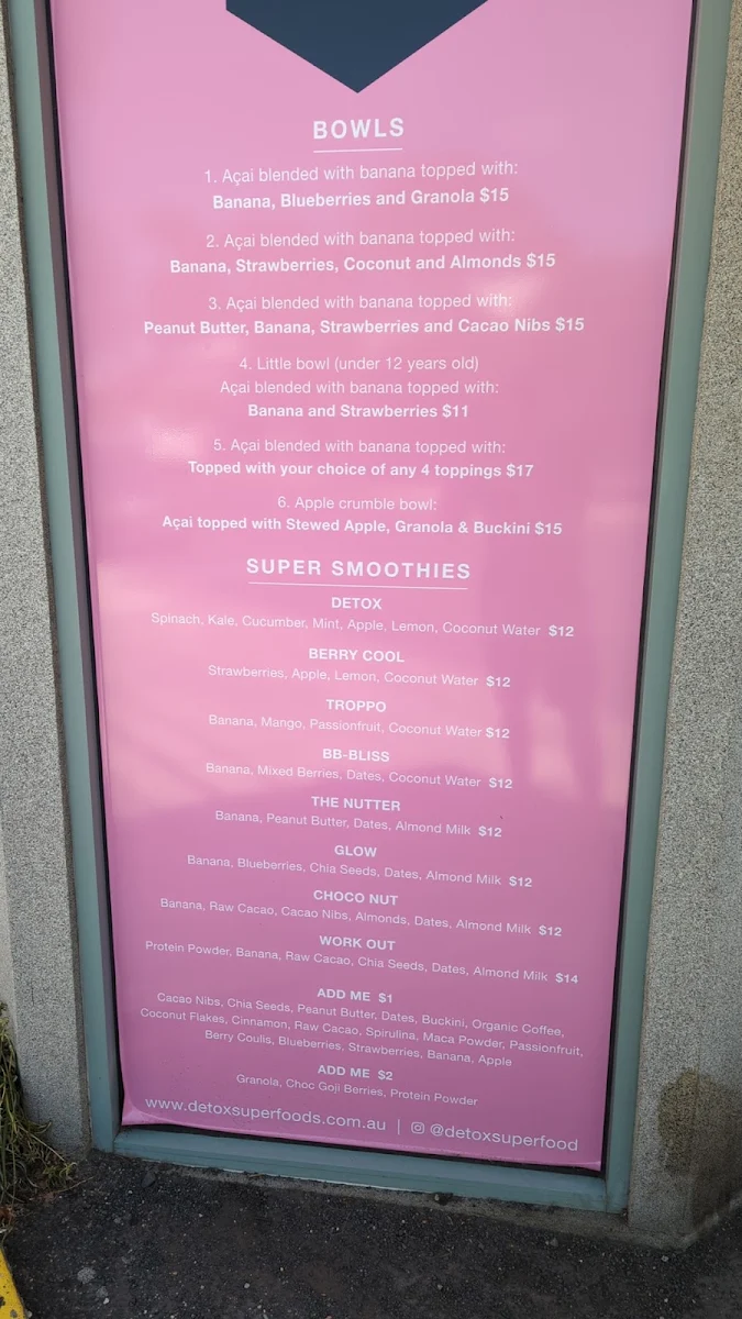 Menu, De Tox Superfood Bar