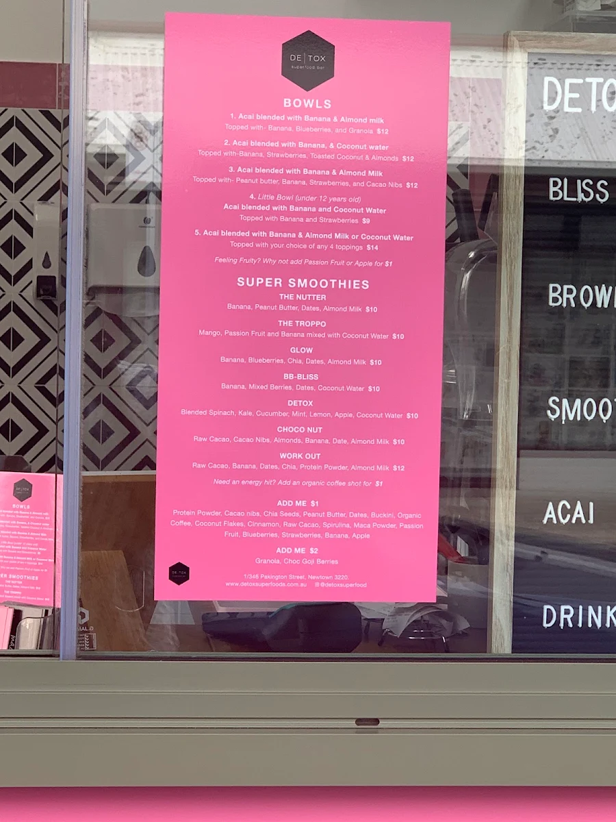 Menu, De Tox Superfood Bar