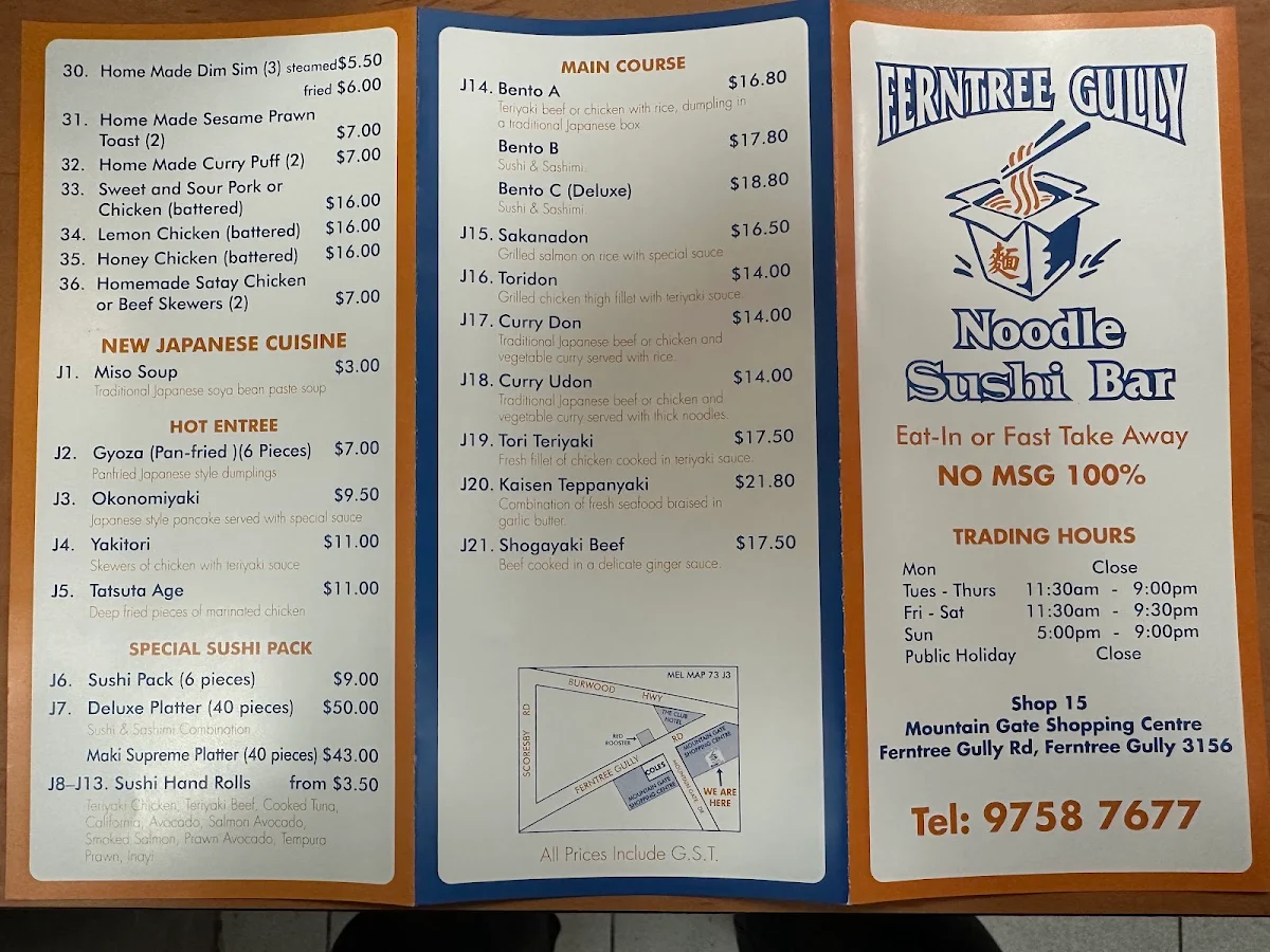 Menu, Ferntree Gully Noodle Sushi Bar