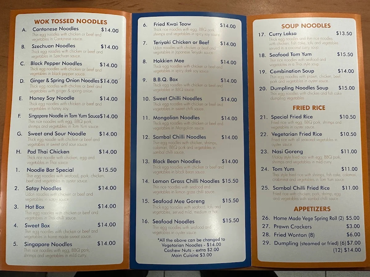 Menu, Ferntree Gully Noodle Sushi Bar