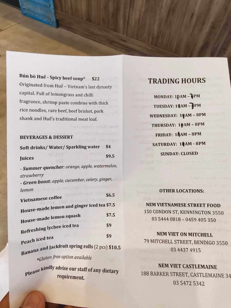 Menu, Nem Viet Epsom