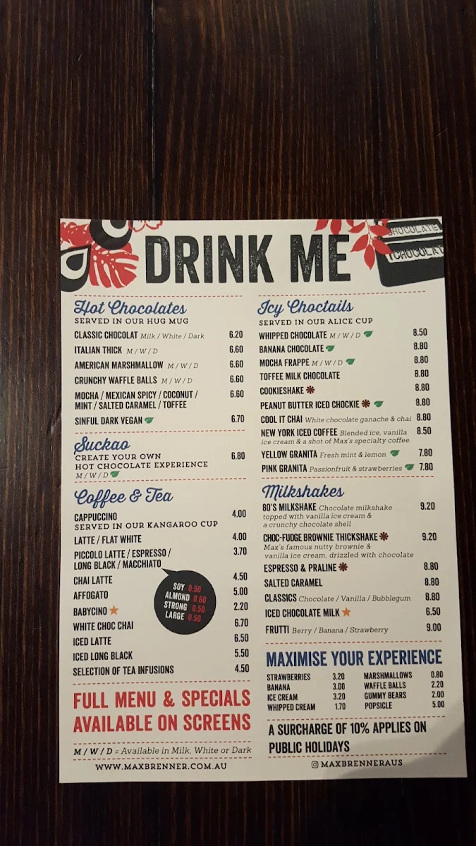 Menu, Max Brenner - Macquarie Centre