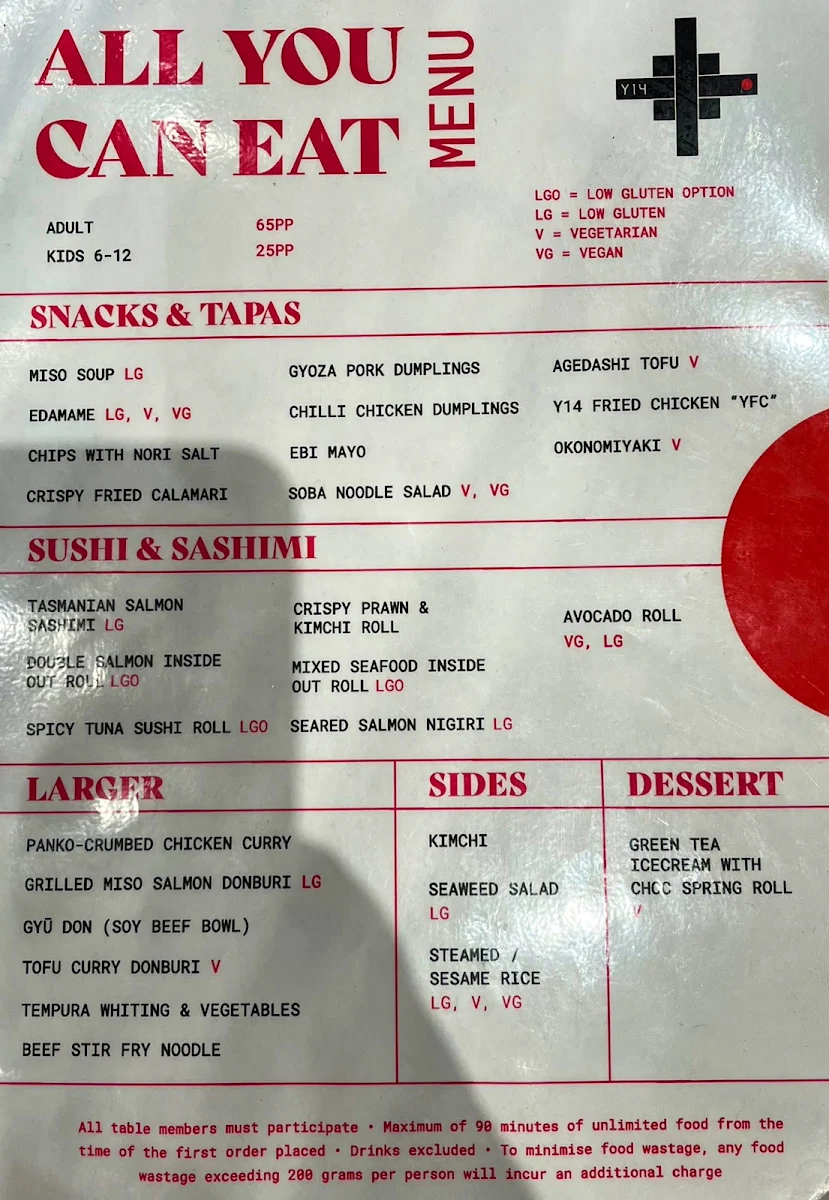Menu, Y14 Japanese Seafood Kitchen & Bar
