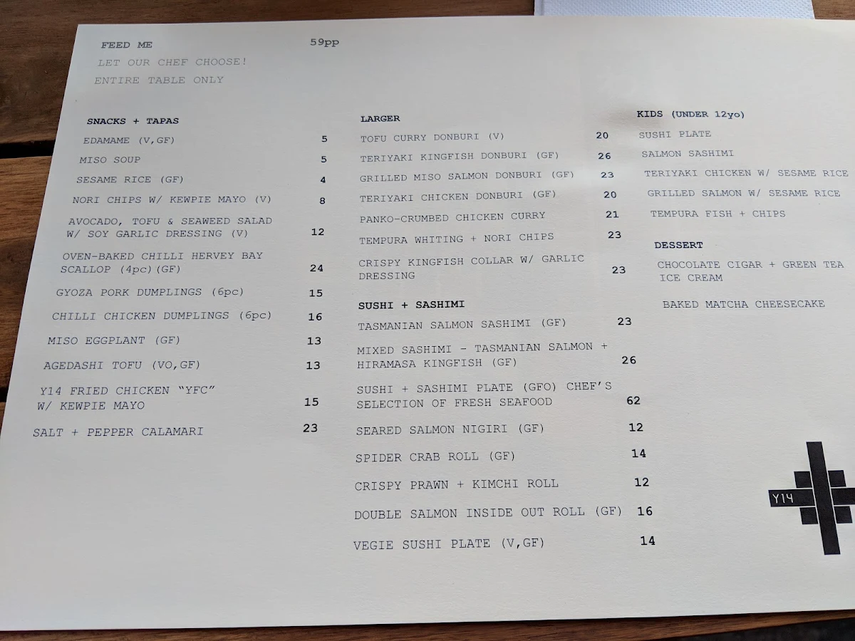 Menu, Y14 Japanese Seafood Kitchen & Bar