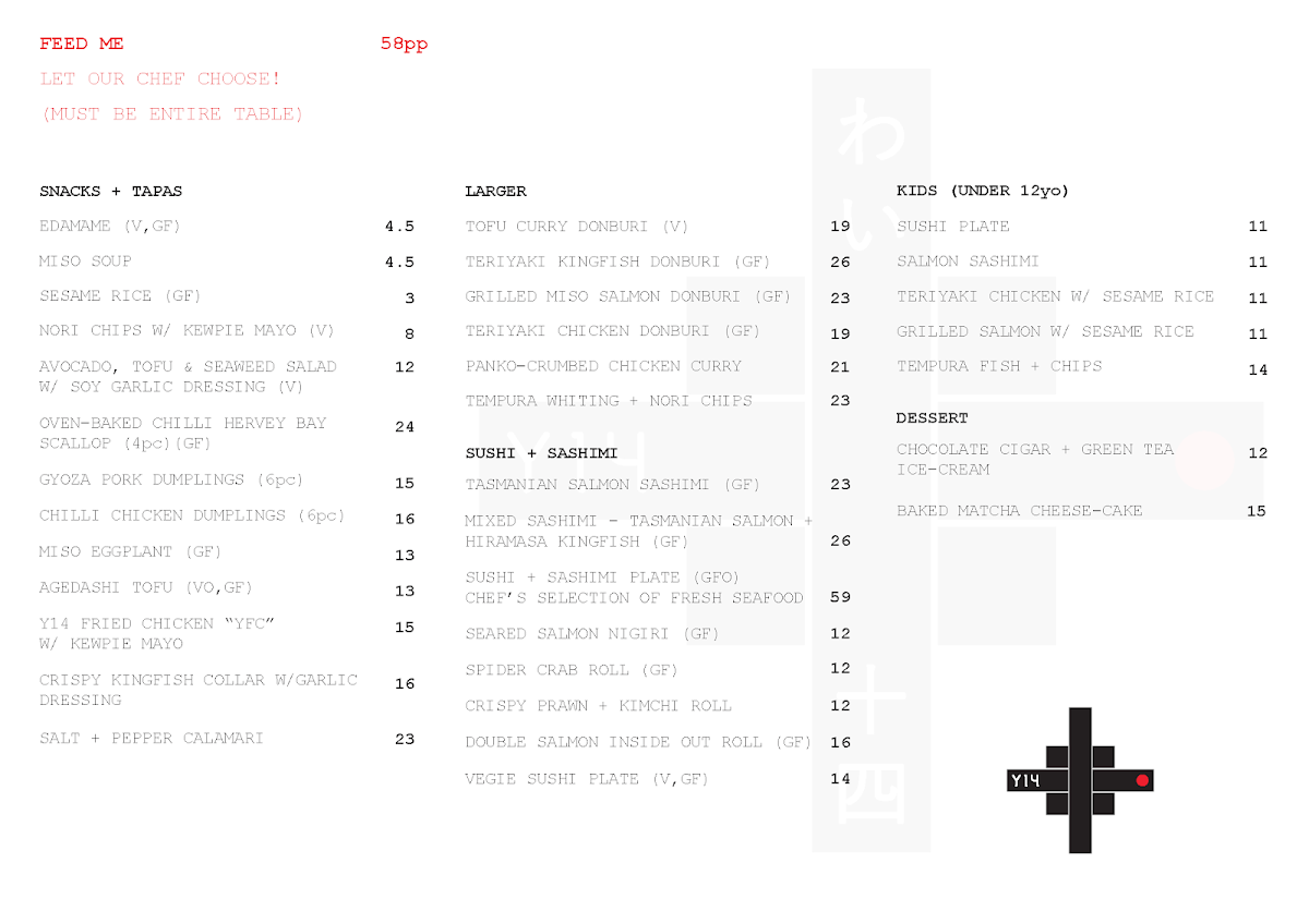 Menu, Y14 Japanese Seafood Kitchen & Bar