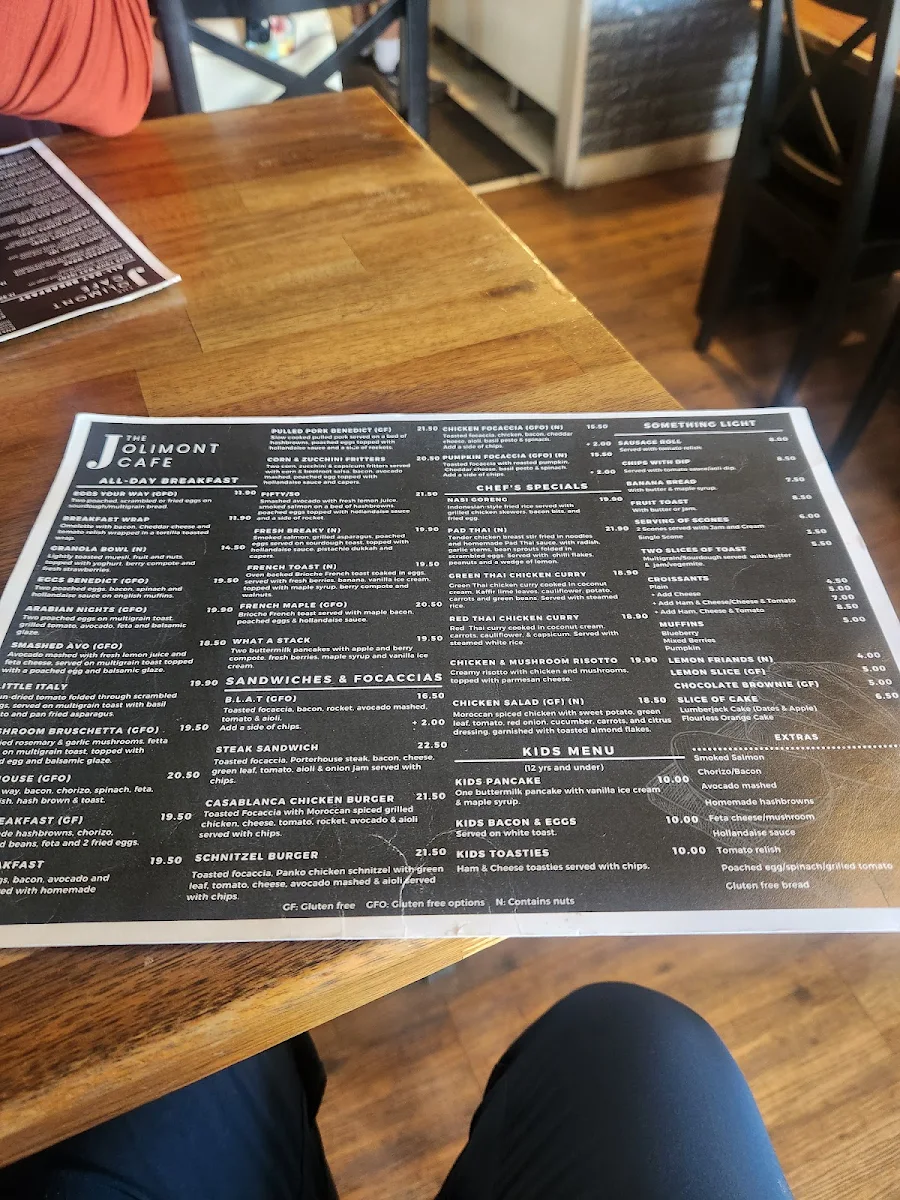Menu, The Jolimont Cafe