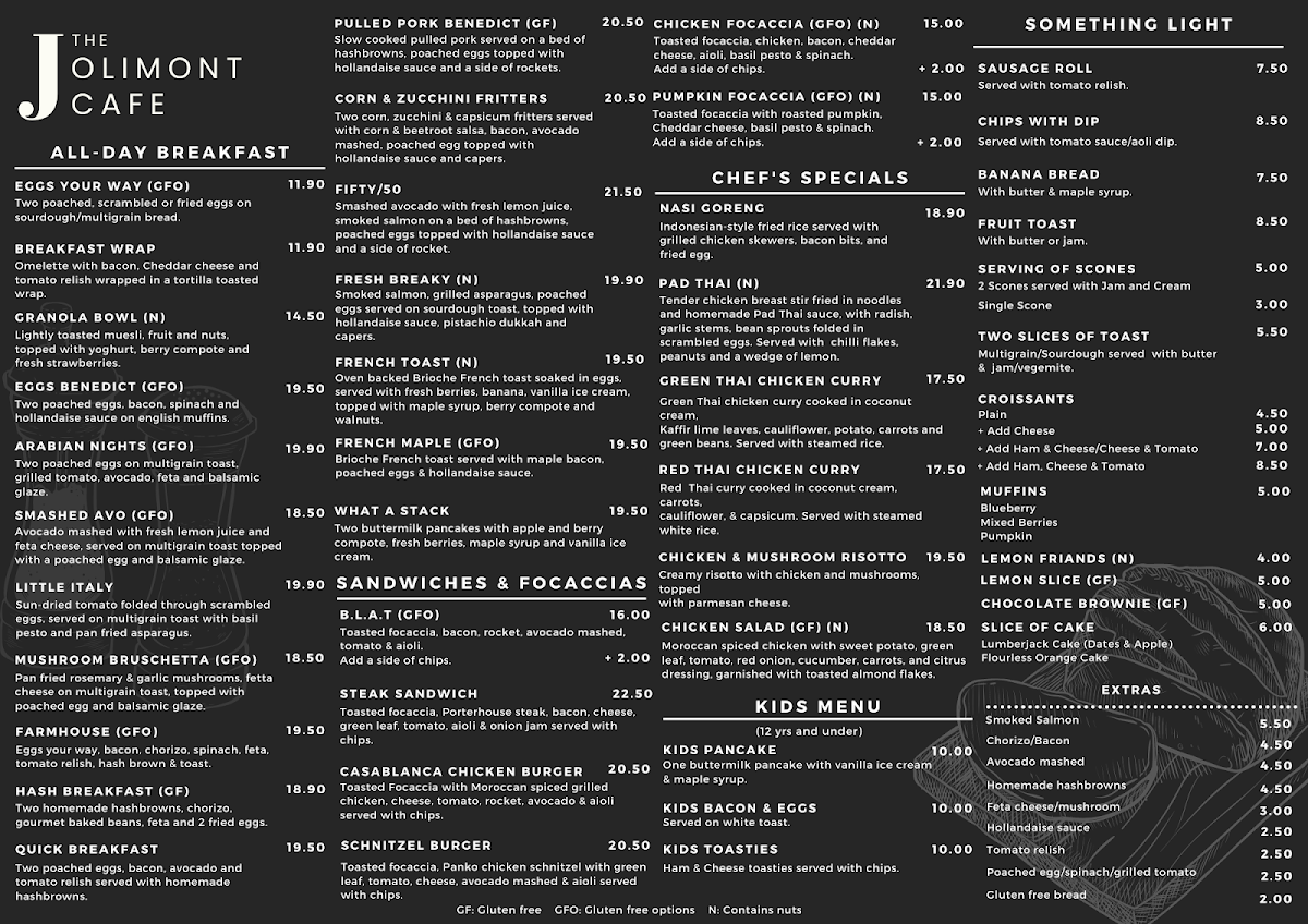 Menu, The Jolimont Cafe
