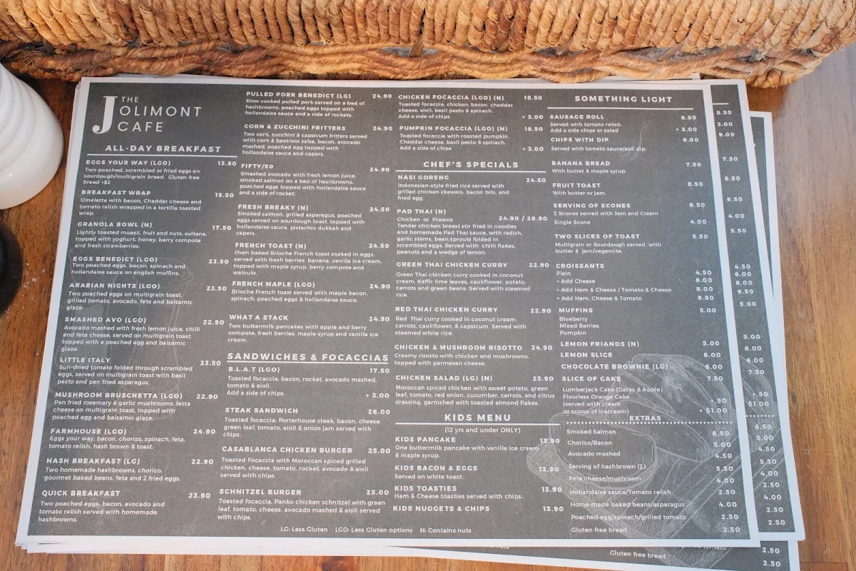 Menu, The Jolimont Cafe