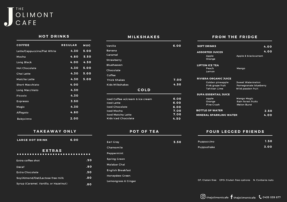 Menu, The Jolimont Cafe